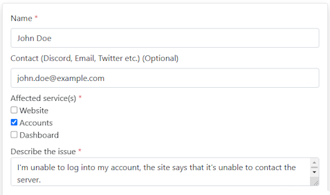 An image showing the issue report form on an user's statuspage.